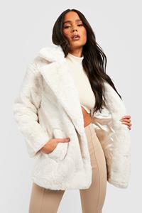 Boohoo Petite Luxe Faux Fur Jas Met Oversized Kraag, Crème