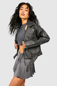 Boohoo Nepleren Vintage Look Biker Jas, Grey