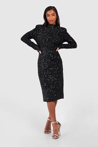 Boohoo Petite Glitter Midi Jurk Met Pailletten, Schouderpads En Open Rug, Black