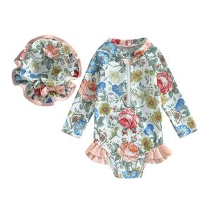 Little Fashionistas Zomerbadpakken voor babymeisjes Bloemen/schaalprint Lange mouwen Ruches Rits Zwemkleding en badmuts