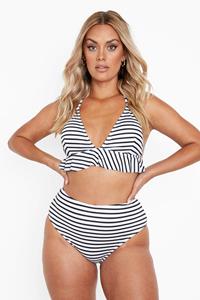 Boohoo Plus Gestreepte Bikini Met Hoge Taille En Ruches, Black