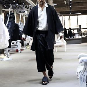 Japanese Kimono Men's Loose Batwing Sleeve Front Open Cape Cardigan Poncho Coats Tops