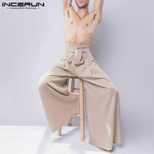INCERUN Spring Men's Fashion Wide Leg Long Pants Vintage Solid Casual Wear Loose Maxi Trouser Plus Size