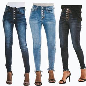 Mechamaxon Dames hoge taille stretch denim jeans knoop skinny slanke casual potloodbroek damesbroek