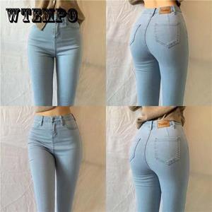 WTEMPO Grote maat elastische hoge taille jeans Dames skinny elastische slanke denim broek Vintage gewassen heuplift potlood denim broek