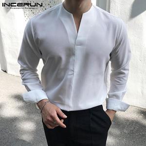 INCERUN Spring Men V-neck Long-sleeved Shirts Casual Solid Color Offfice