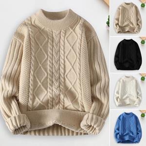 Manshanwangluo Men Winter Fall Sweater Thick Knit Loose Round Neck Warm Soft Solid Color Twisted Applique Elastic Anti-pilling Cold Resistant Sweater