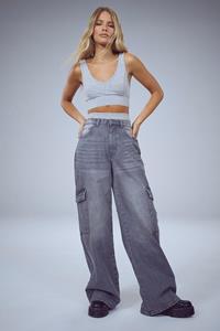 Boohoo Wide Leg Cargo Jeans, Mid Grey