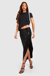 Tall Sequin Wrap Midaxi Skirt, Black