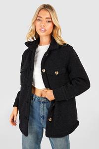 Boohoo Faux Fur Teddy Tussenjas Met Knoop Detail, Black