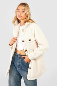 Boohoo Faux Fur Teddy Tussenjas Met Knoop Detail, Cream