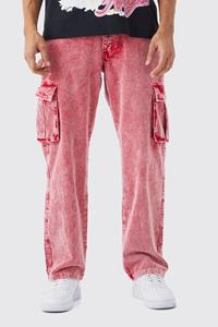 Boohoo Relaxed Acid Wash Cord Cargo Trouser, Red