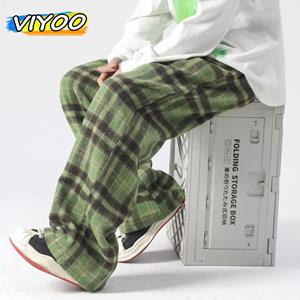 VIYOO Men's Y2K Baggy Plaid Pants Wide Leg Pants Harajuku Trousers Tweed Casual Korean Autumn Clothes 2023