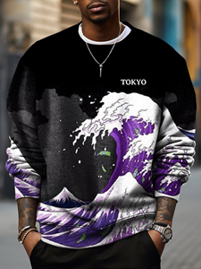 ChArmkpR Mens Japanese Wave Print Crew Neck Long Sleeve Pullover Sweatshirts