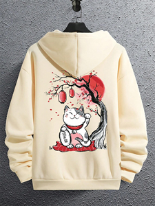 ChArmkpR Mens Japanese Lucky Cat Back Print Kangaroo Pocket Drawstring Hoodies Winter