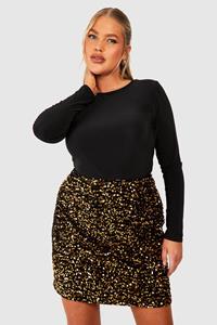 Boohoo Plus Fluwelen Glitter Mini Rokje Met Pailletten, Gold