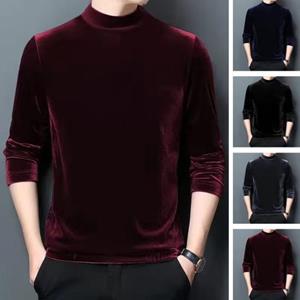 Guannuotong Men Fall Spring Top Thin Half-high Collar Solid Color Warm Soft Casual Long Sleeve Velvet Elastic Pullover Slim Fit T-Shirt Male Clothes