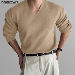 INCERUN Men Long Sleeve V Neck Spring Autumn Knitted  Pullovers Tops
