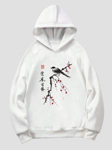 ChArmkpR Mens Chinese Floral & Bird Ink Painting Long Sleeve Hoodies Winter