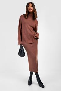 Boohoo Gebreide Fijn Gebreide Trui Met Col En Rok Set, Chocolate
