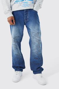Boohoo Onbewerkte Baggy Laser Print Jeans Met Tekst, Mid Blue
