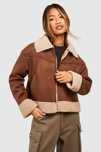 Boohoo Nep Suède Aviator Jacket Met Pluizige Zoom, Dark Brown