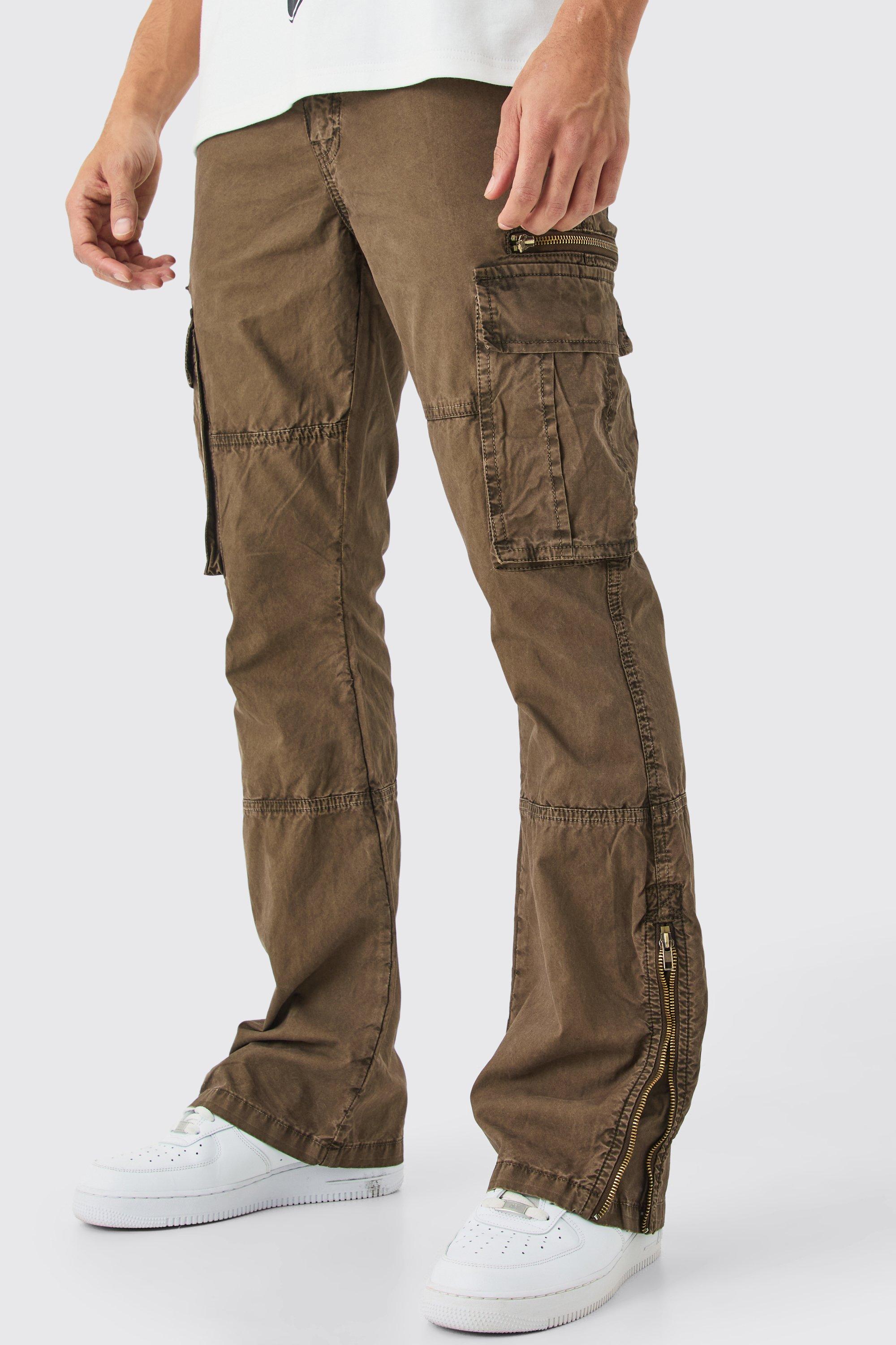 Boohoo Flared Overdye Acid Wash Gebleekte Cargo Broek Met Rits En Gusset, Chocolate