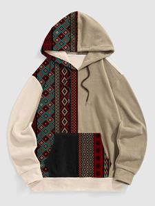 ChArmkpR Mens Ethnic Geometric Pattern Patchwork Fleece Drawstring Hoodies Winter