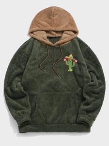 ChArmkpR Mens Cartoon Cactus Embroidery Plush Contrast Drawstring Hoodies Winter