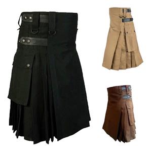 SEN Mens Vintage Kilt Scotland Gothic Fashion Kendo Pocket Skirts Scottish Clothing