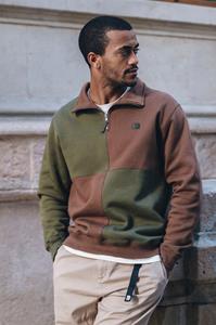 Trendsplant Herren vegan Pullover Half Zip Color Block Olivgrün & Woods Braun