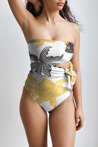Averie Damen vegan Badeanzug Side-Tie One Piece Alina Koi Print On Ivory