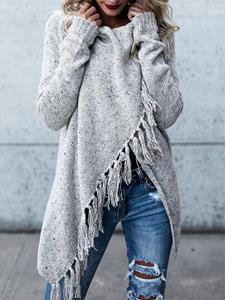 Newchic Women Tassel Trim Irregular Hem Casual Pullover Knit Sweater
