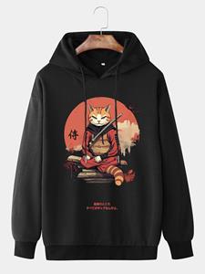ChArmkpR Mens Japanese Warrior Cat Print Long Sleeve Drawstring Hoodies Winter
