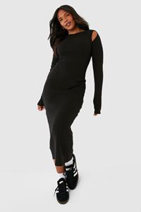 Boohoo Plus Geribbelde Midi Jurk Met Uitsnijding, Black