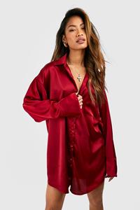 Boohoo Satin Pocket Detail Fluid Fit Shirt Dress, Merlot