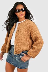 Boohoo Teddy Faux Fur Bomber Jacket, Camel