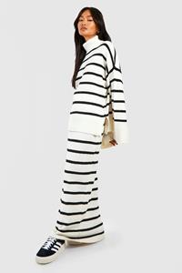 Boohoo Zachte Gebreide Gestreepte Trui En Maxi Rok Set, Ivory