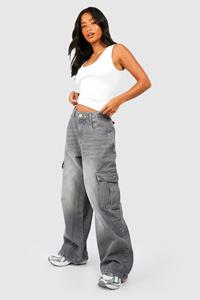 Boohoo Pettie Gebleekte Wide Leg Cargo Jeans, Mid Grey