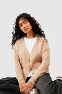 Boohoo Rhinestone Button Soft Knit Slouchy Cardigan, Camel