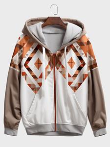 ChArmkpR Mens Geometric Print Patchwork Zip Front Drawstring Hooded Jacket Winter