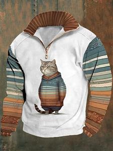 ChArmkpR Mens Vintage Stripe Cat Print Patchwork Stand Collar Pullover Sweatshirts Winter