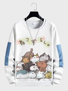 ChArmkpR Mens Cartoon Japanese Cat Print Crew Neck Pullover Sweatshirts Winter