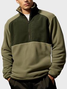 ChArmkpR Mens Contrast Patchwork Stand Collar Half Zip Fleece Pullover Sweatshirts Winter