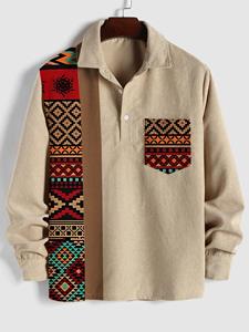 ChArmkpR Mens Ethnic Geometric Print Patchwork Corduroy Long Sleeve Golf Shirts Winter