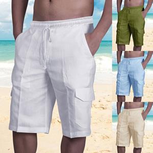 Cooperate Men's Casual Cotton Linen Shorts Multi Pocket Tether Fitness Exercise Beach Pants