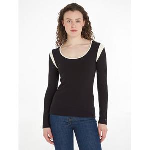 Tommy Hilfiger Langarmshirt SLIM CLRBLK HILF RIB SCOOP-NK LS mit Logopatch
