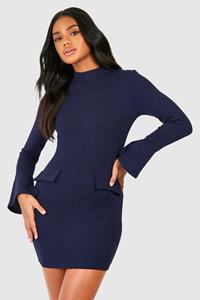 Boohoo Crêpe Mini Jurk Met Hoge Hals En Zak Detail, Navy