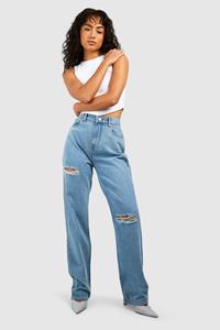 Boohoo Gescheurde Jeans Met Rechte Pijpen, Mid Blue