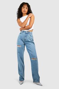 Boohoo Ripped Straight Leg Jeans, Mid Blue